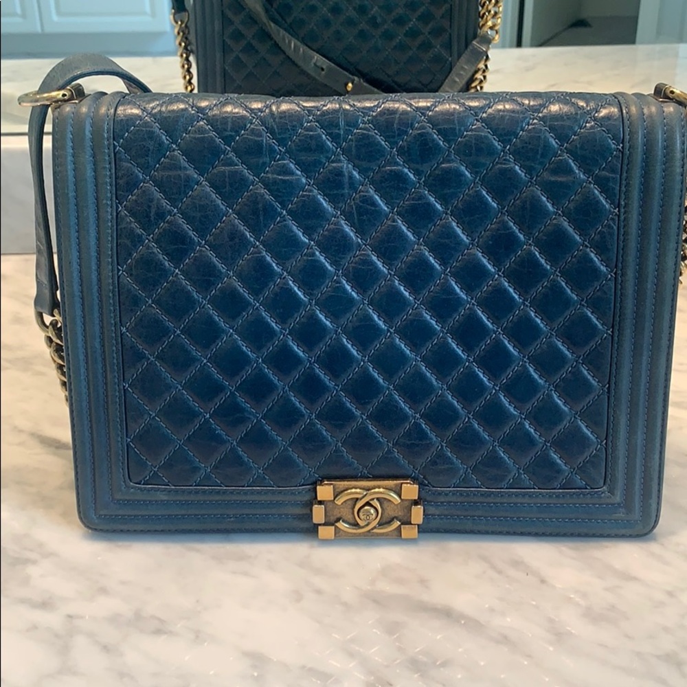Chanel Large Blue Flap Bag With Gold  Hardware